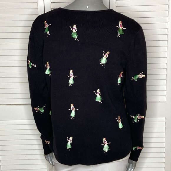 Vintage 00s ALEXANDRA BARTLETT Black Embroidered HULA Dancer Cardigan Sweater L - Picture 5 of 6